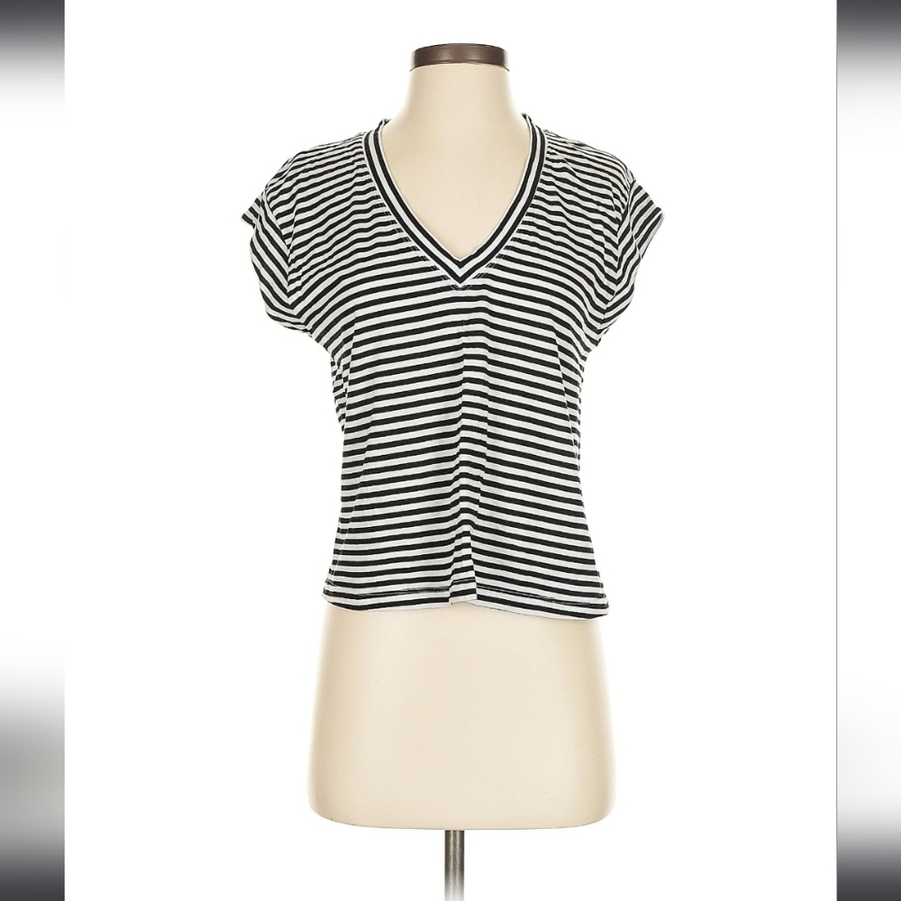 Express Black and White Striped V-Neck Tee